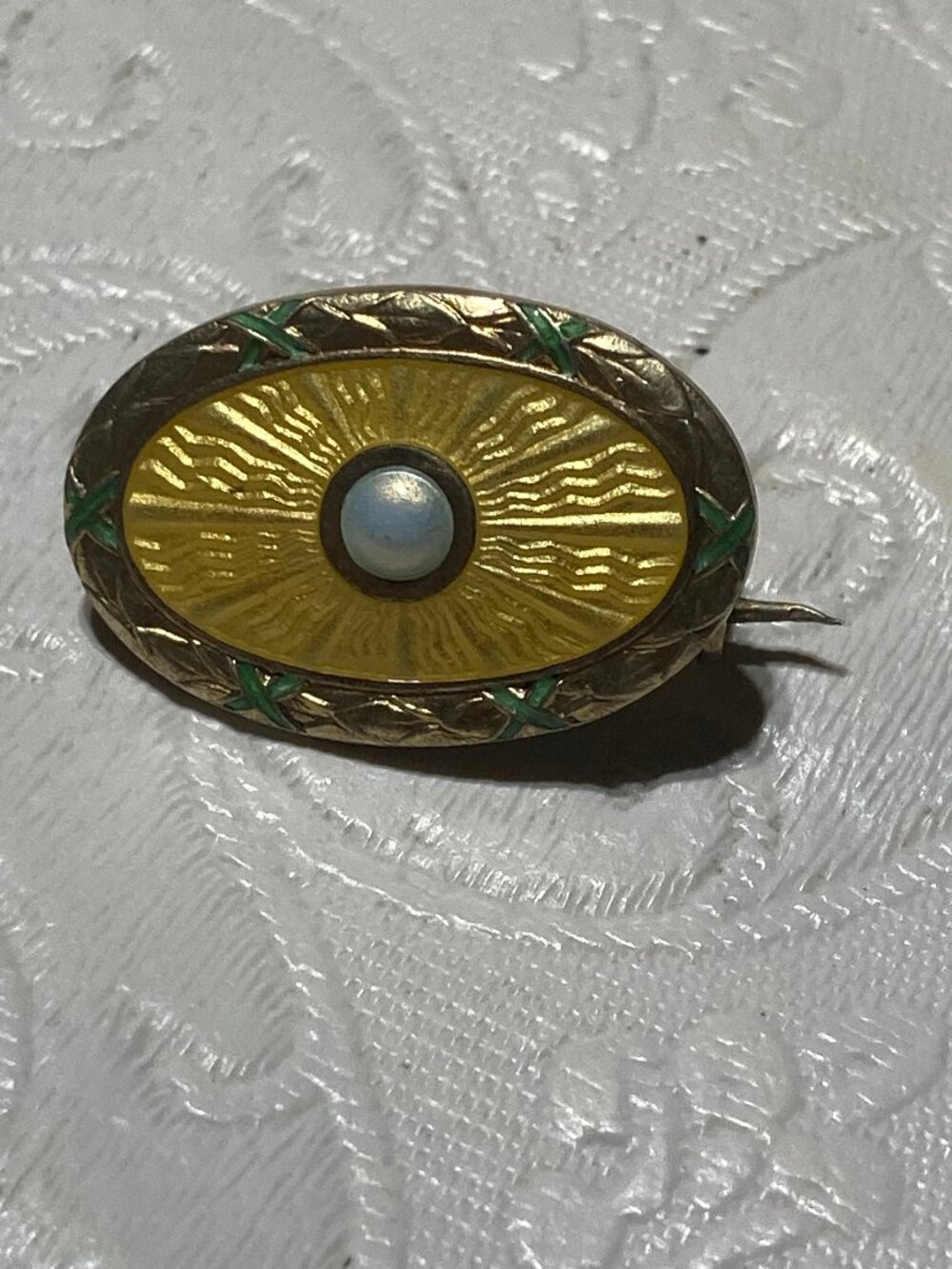 Marius Hammer Antique 930S Yellow Oval Guilloche Enamel Pin Green Accents 3/4"